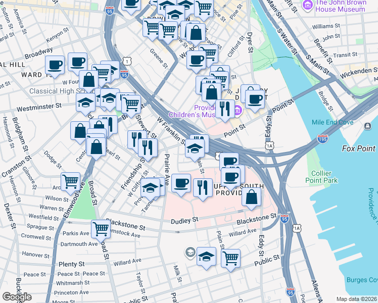 map of restaurants, bars, coffee shops, grocery stores, and more near 26 Emmett Street in Providence