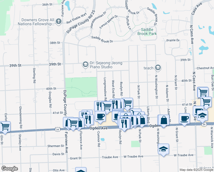 map of restaurants, bars, coffee shops, grocery stores, and more near 4031 Longmeadow Road in Downers Grove