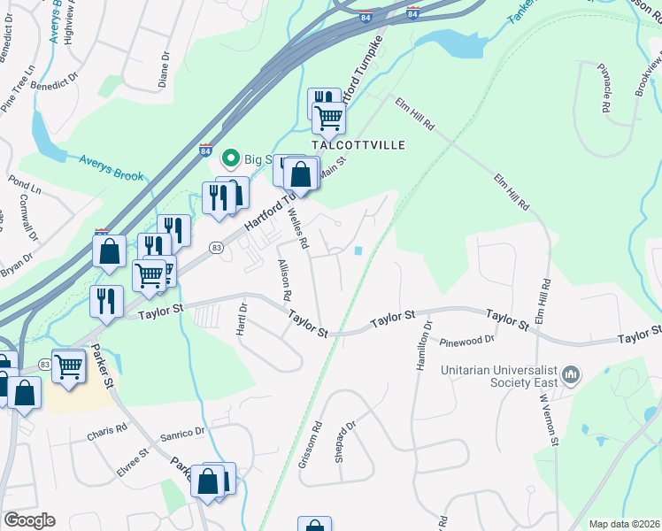 map of restaurants, bars, coffee shops, grocery stores, and more near 54 Welles Road in Vernon