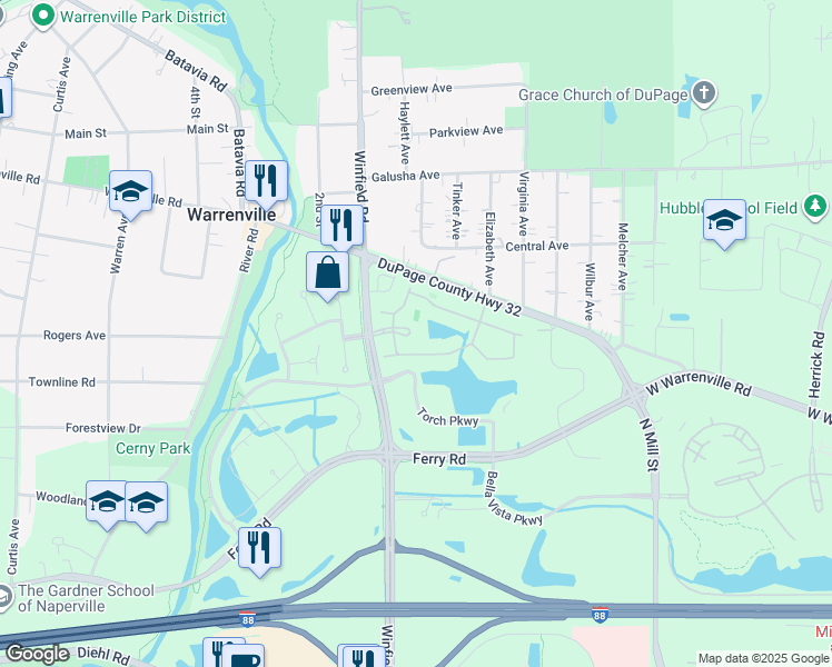 map of restaurants, bars, coffee shops, grocery stores, and more near 30000 Village Green Boulevard in Warrenville