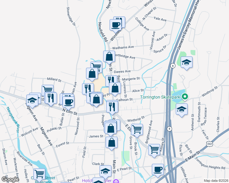 map of restaurants, bars, coffee shops, grocery stores, and more near 23 Benham Street in Torrington