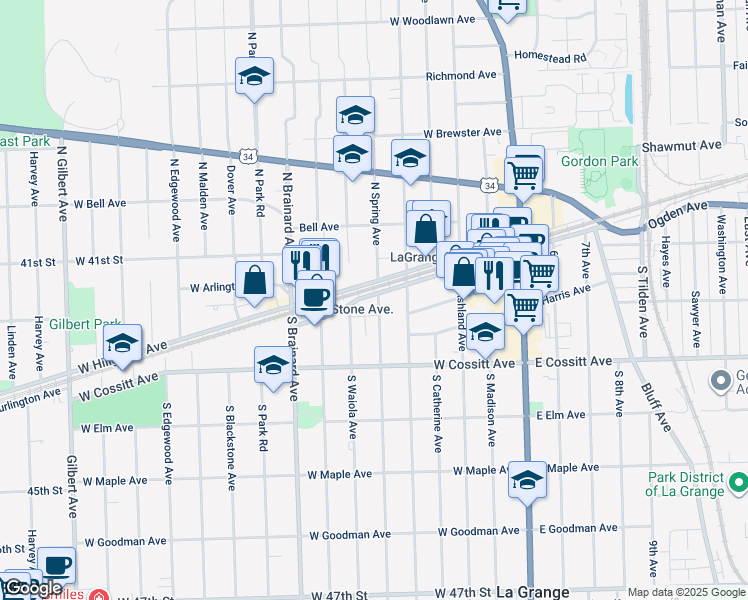 map of restaurants, bars, coffee shops, grocery stores, and more near 504 West Burlington Avenue in La Grange