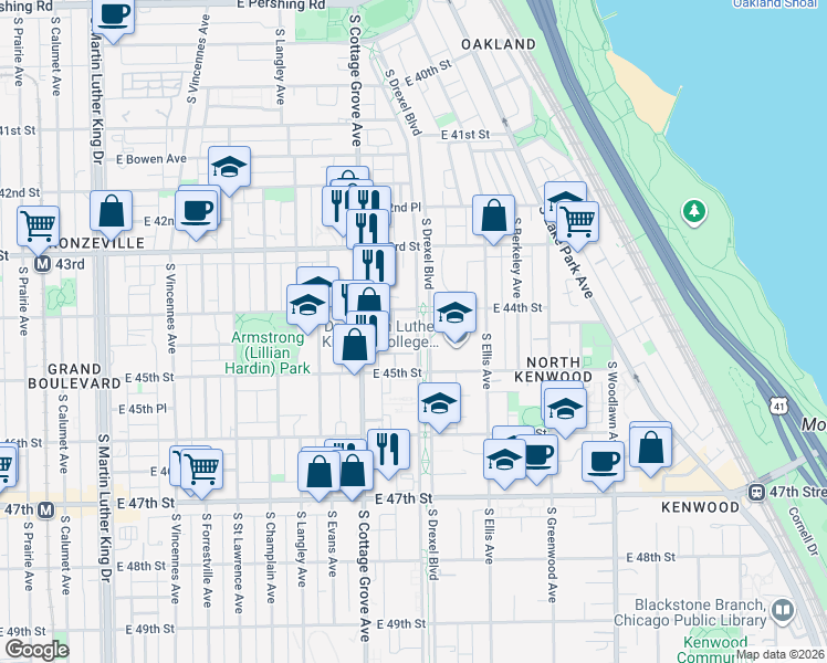 map of restaurants, bars, coffee shops, grocery stores, and more near 4418 South Drexel Boulevard in Chicago