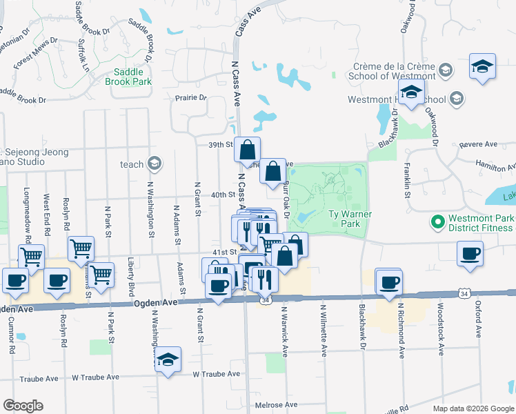 map of restaurants, bars, coffee shops, grocery stores, and more near 735 North Cass Avenue in Westmont