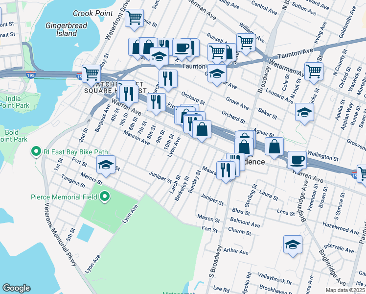 map of restaurants, bars, coffee shops, grocery stores, and more near 276 Mauran Avenue in East Providence