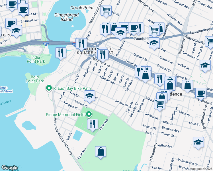 map of restaurants, bars, coffee shops, grocery stores, and more near 64 8th Street in East Providence