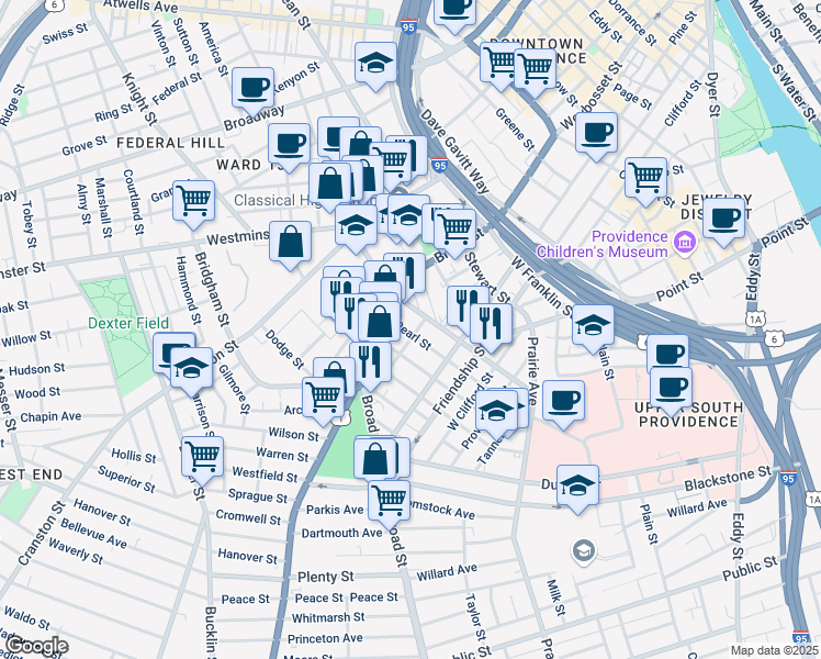 map of restaurants, bars, coffee shops, grocery stores, and more near 236 Pearl Street in Providence