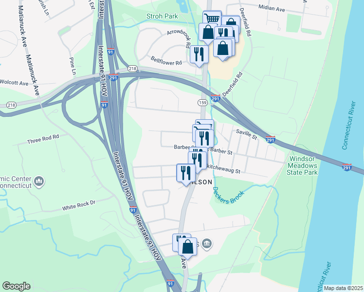 map of restaurants, bars, coffee shops, grocery stores, and more near 27 Barber Street in Windsor
