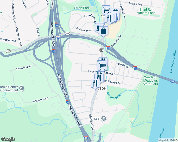 map of restaurants, bars, coffee shops, grocery stores, and more near 59 Barber Street in Windsor
