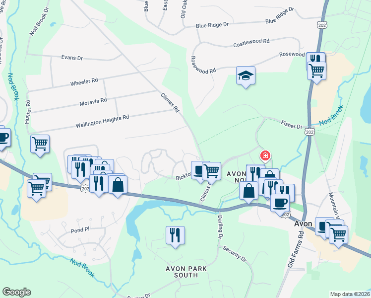map of restaurants, bars, coffee shops, grocery stores, and more near 18 Cherry Tree Lane in Avon