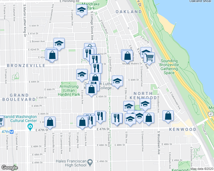 map of restaurants, bars, coffee shops, grocery stores, and more near 4418 South Drexel Boulevard in Chicago