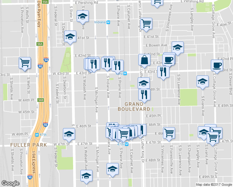 map of restaurants, bars, coffee shops, grocery stores, and more near 4421 South Prairie Avenue in Chicago