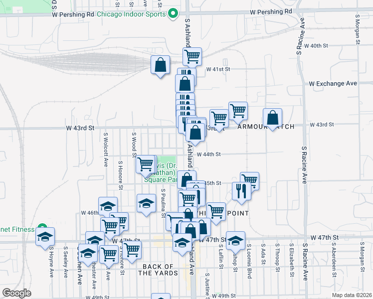 map of restaurants, bars, coffee shops, grocery stores, and more near 4401 South Marshfield Avenue in Chicago