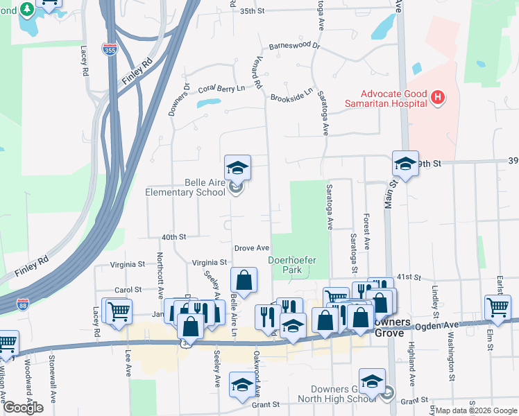 map of restaurants, bars, coffee shops, grocery stores, and more near 4018 Venard Road in Downers Grove