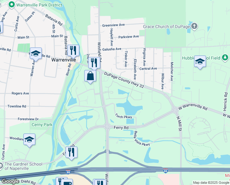 map of restaurants, bars, coffee shops, grocery stores, and more near 30000 Village Green Boulevard in Warrenville