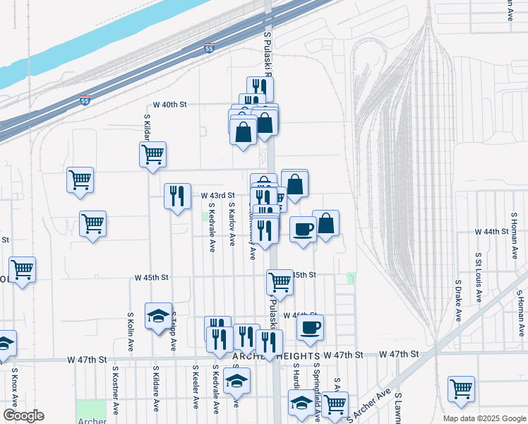 map of restaurants, bars, coffee shops, grocery stores, and more near 4343 South Komensky Avenue in Chicago