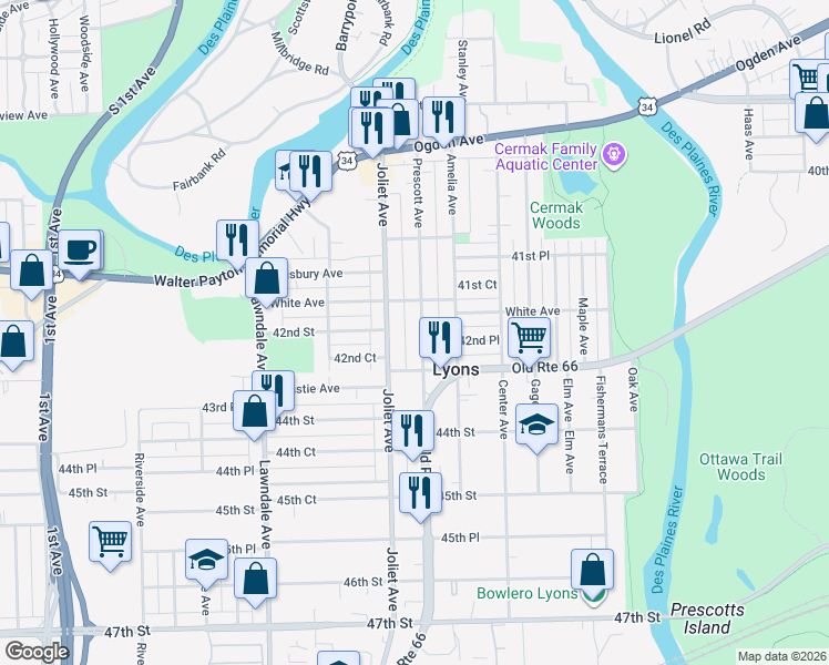 map of restaurants, bars, coffee shops, grocery stores, and more near 4237 Prescott Avenue in Lyons