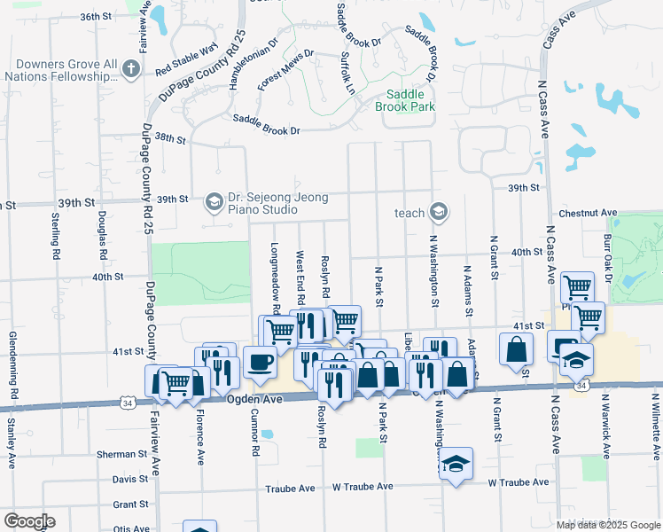 map of restaurants, bars, coffee shops, grocery stores, and more near 4031 Roslyn Road in Downers Grove