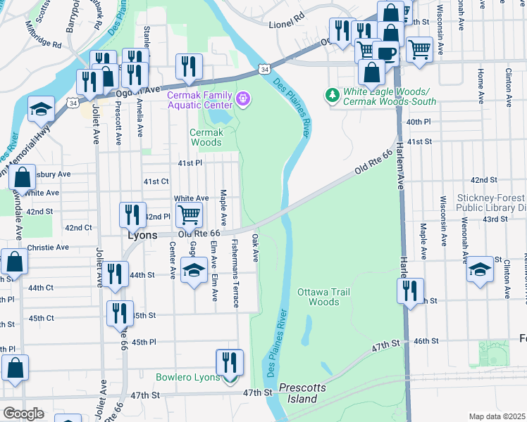 map of restaurants, bars, coffee shops, grocery stores, and more near in Lyons