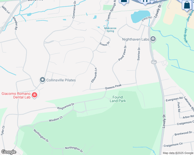 map of restaurants, bars, coffee shops, grocery stores, and more near 22 Ellsworth Lane in Canton