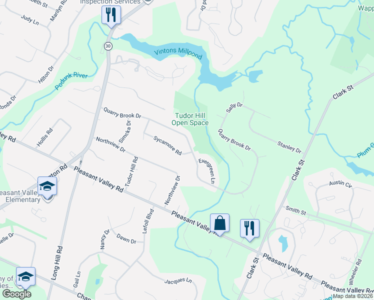 map of restaurants, bars, coffee shops, grocery stores, and more near 106 Sycamore Road in South Windsor