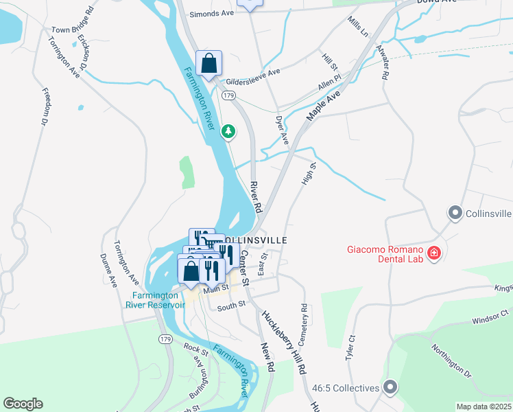 map of restaurants, bars, coffee shops, grocery stores, and more near 6 River Road in Canton