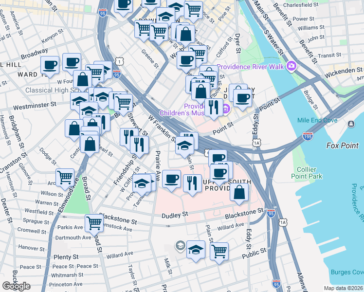 map of restaurants, bars, coffee shops, grocery stores, and more near 26 Emmett Street in Providence