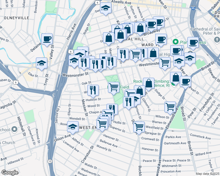 map of restaurants, bars, coffee shops, grocery stores, and more near 65 Dexter Street in Providence