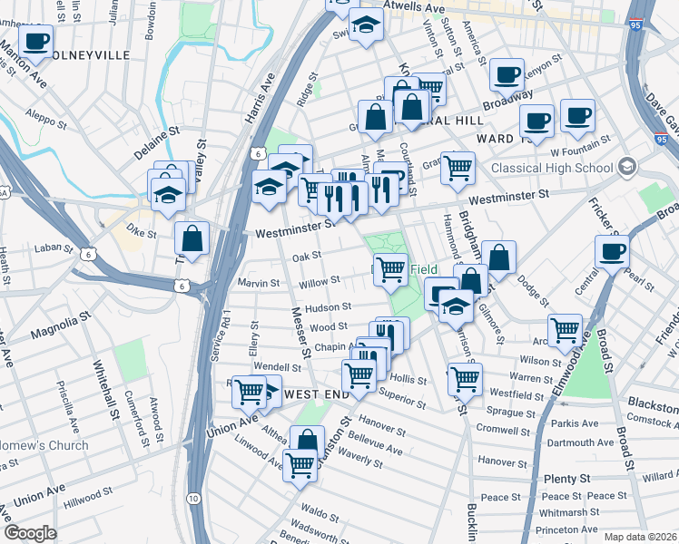 map of restaurants, bars, coffee shops, grocery stores, and more near 64 Sycamore Street in Providence