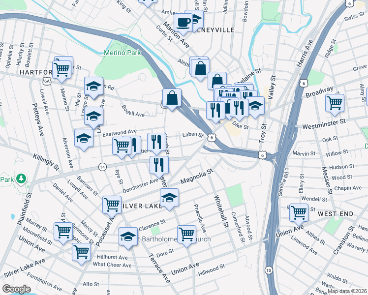 map of restaurants, bars, coffee shops, grocery stores, and more near in Providence