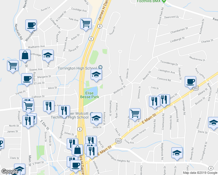 map of restaurants, bars, coffee shops, grocery stores, and more near 88 Major Besse Drive in Torrington
