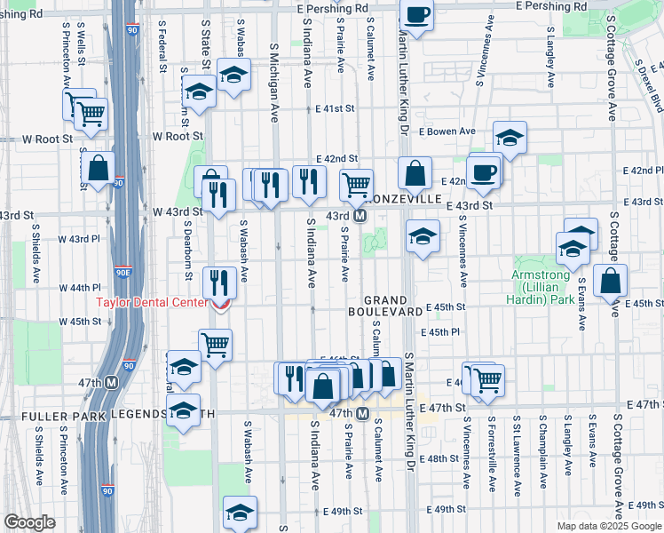 map of restaurants, bars, coffee shops, grocery stores, and more near 4423 South Indiana Avenue in Chicago