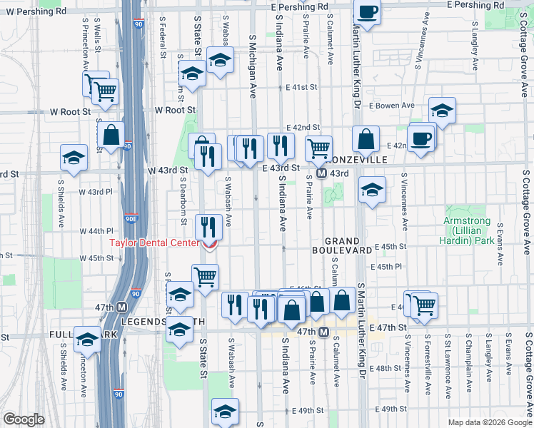 map of restaurants, bars, coffee shops, grocery stores, and more near 4419 South Michigan Avenue in Chicago
