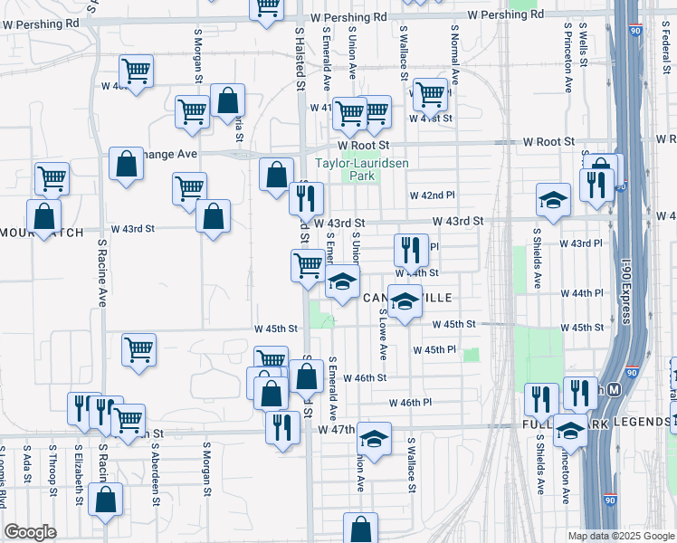 map of restaurants, bars, coffee shops, grocery stores, and more near 4408 South Union Avenue in Chicago