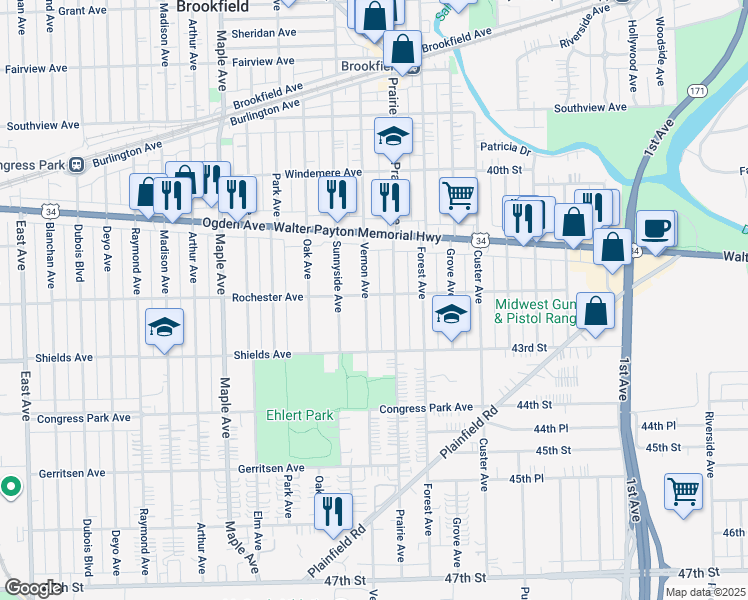 map of restaurants, bars, coffee shops, grocery stores, and more near 4216 Prairie Avenue in Brookfield