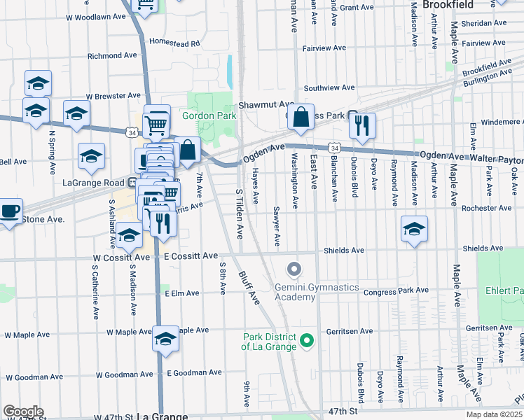 map of restaurants, bars, coffee shops, grocery stores, and more near 208 Sawyer Avenue in La Grange