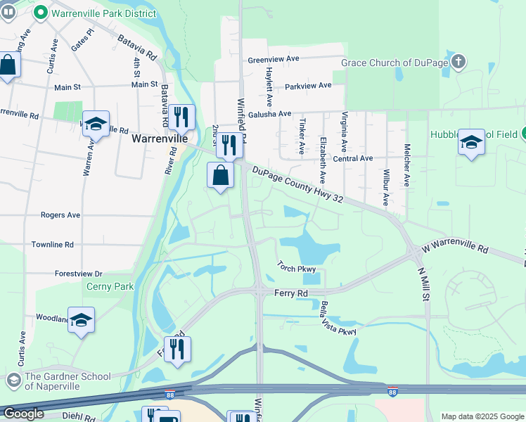 map of restaurants, bars, coffee shops, grocery stores, and more near 30000 Village Green Boulevard in Warrenville