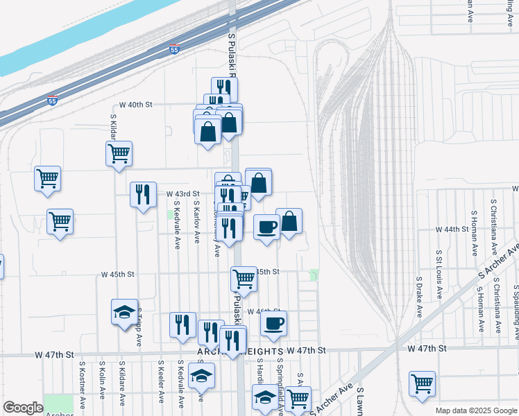 map of restaurants, bars, coffee shops, grocery stores, and more near 4321 South Pulaski Road in Chicago