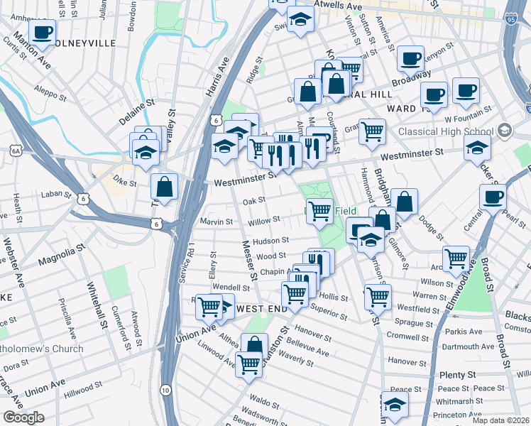 map of restaurants, bars, coffee shops, grocery stores, and more near 45 Sycamore Street in Providence
