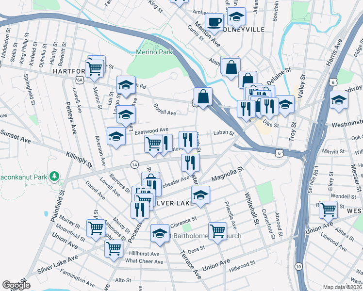 map of restaurants, bars, coffee shops, grocery stores, and more near 91 Webster Avenue in Providence