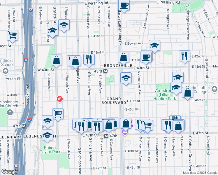 map of restaurants, bars, coffee shops, grocery stores, and more near 4427 South Calumet Avenue in Chicago