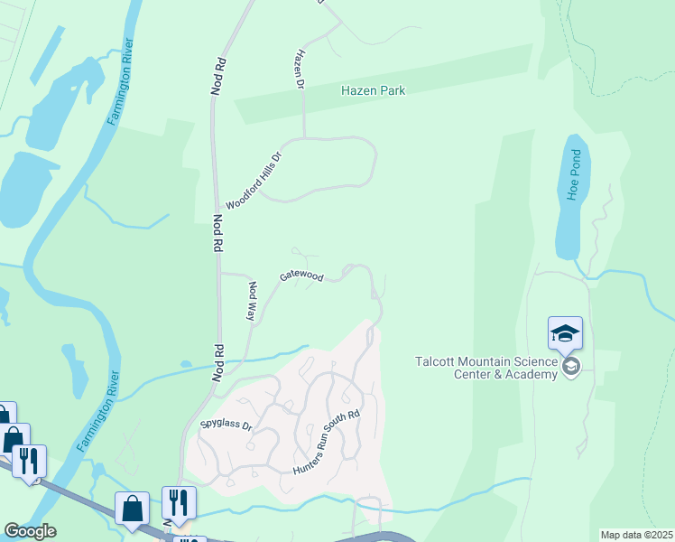 map of restaurants, bars, coffee shops, grocery stores, and more near 39 Gatewood in Avon