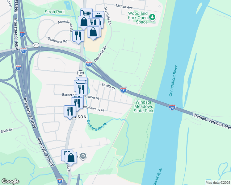 map of restaurants, bars, coffee shops, grocery stores, and more near 28 Bristol Street in Windsor
