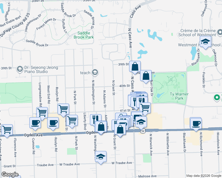 map of restaurants, bars, coffee shops, grocery stores, and more near 4011 North Adams Street in Westmont
