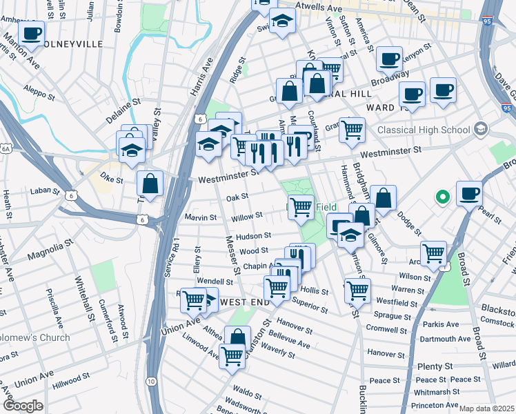 map of restaurants, bars, coffee shops, grocery stores, and more near 53 Willow Street in Providence