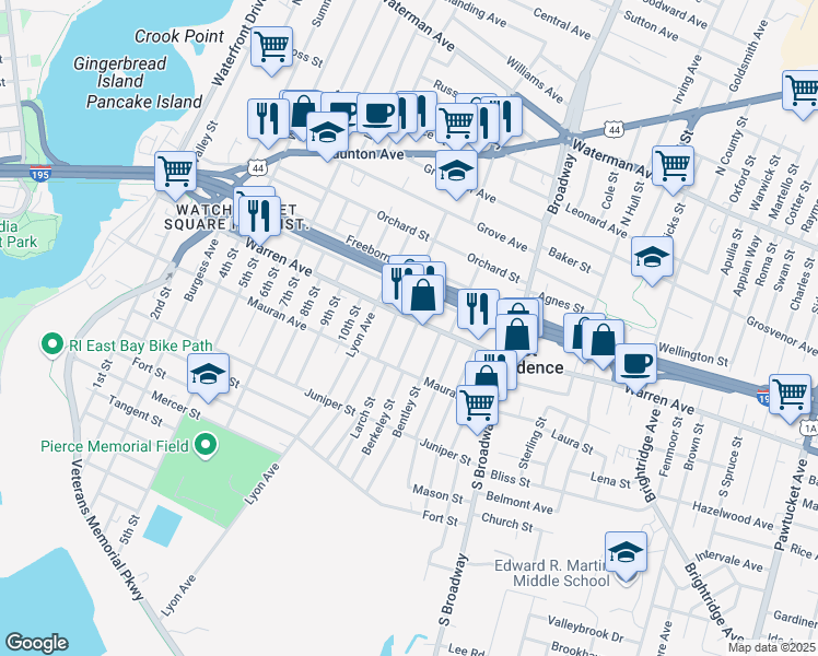 map of restaurants, bars, coffee shops, grocery stores, and more near 24 Berkeley Street in East Providence