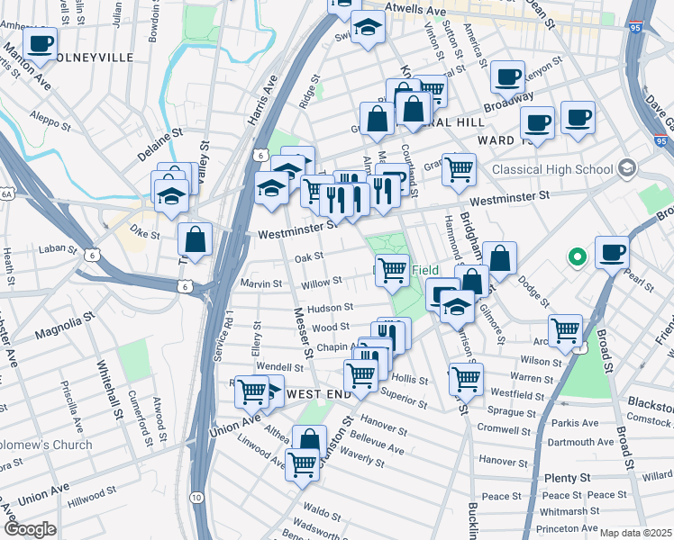 map of restaurants, bars, coffee shops, grocery stores, and more near 64 Sycamore Street in Providence