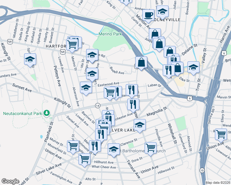 map of restaurants, bars, coffee shops, grocery stores, and more near 20 Dewey Street in Providence