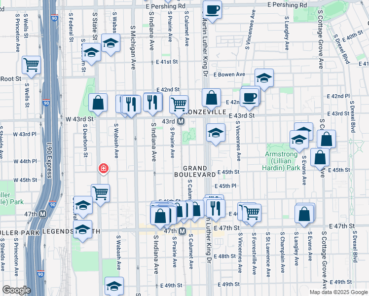 map of restaurants, bars, coffee shops, grocery stores, and more near 4427 South Calumet Avenue in Chicago
