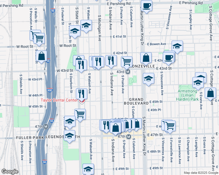 map of restaurants, bars, coffee shops, grocery stores, and more near 4423 South Indiana Avenue in Chicago